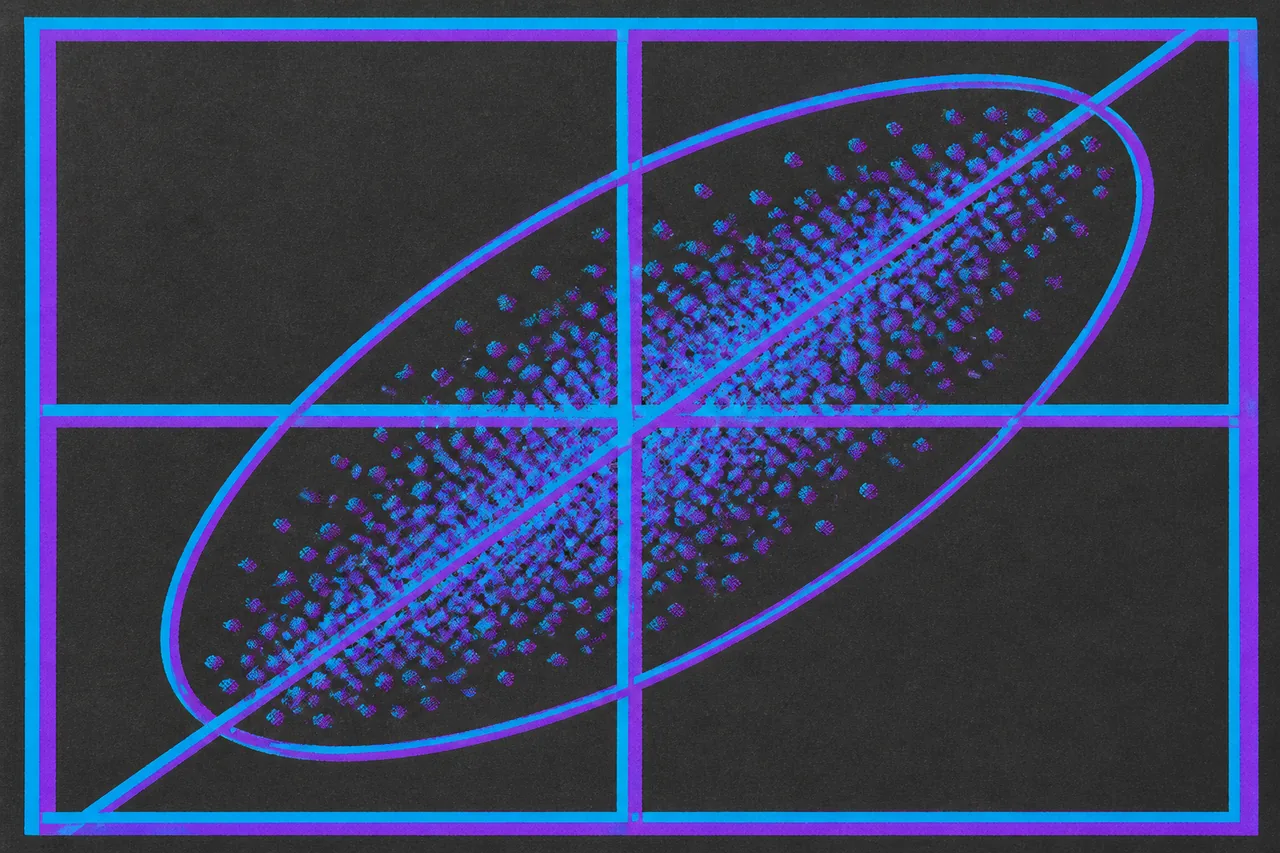A tilted oval cloud of dots inside a square frame with crossed axes, ringed by a thin ellipse and crossed by a straight rule along its long direction.