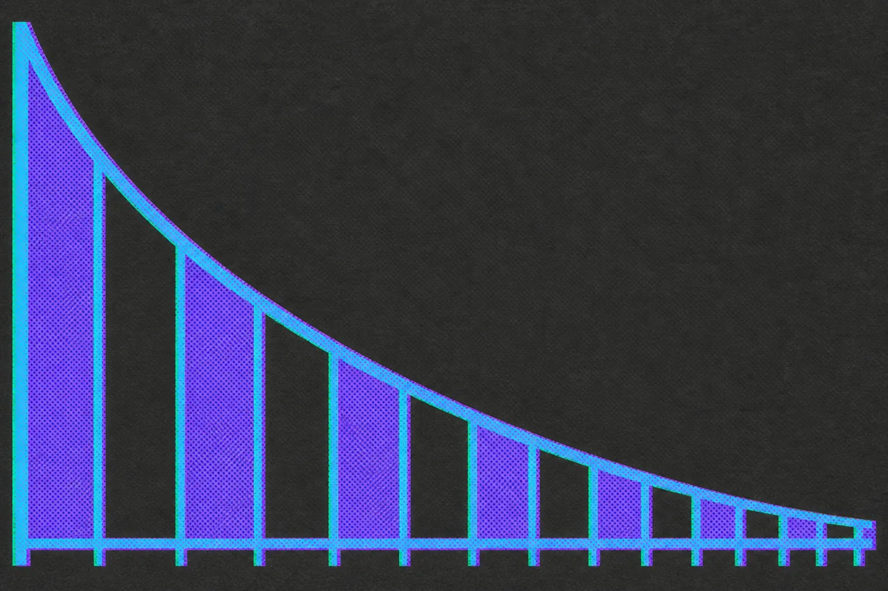 A falling curve above a baseline ruled into equal intervals, with a vertical drop line at each mark, every line half the height of the one before it.