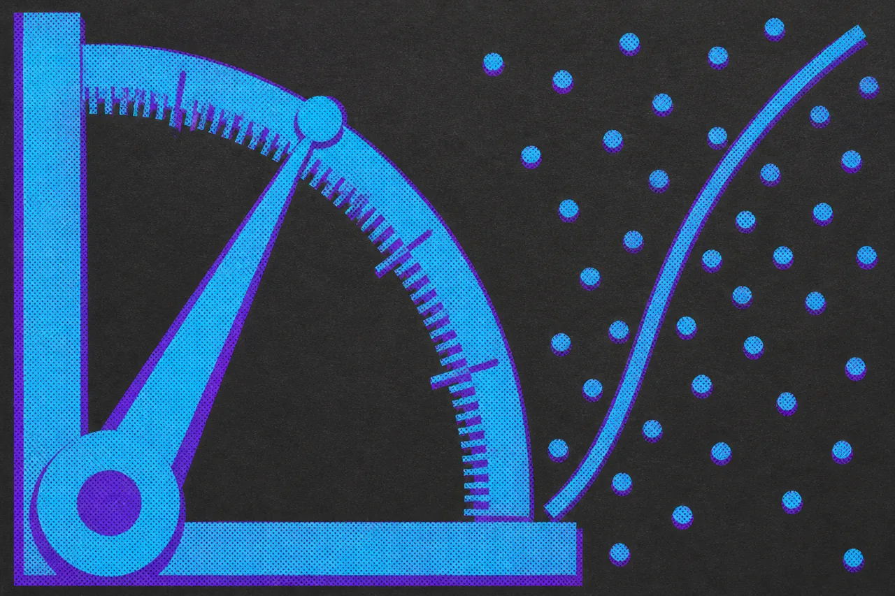 A graduated arc with a needle pressed against a stop pin at one graduation, beside a smooth curve of fixed steepness threading a scatter of dots.