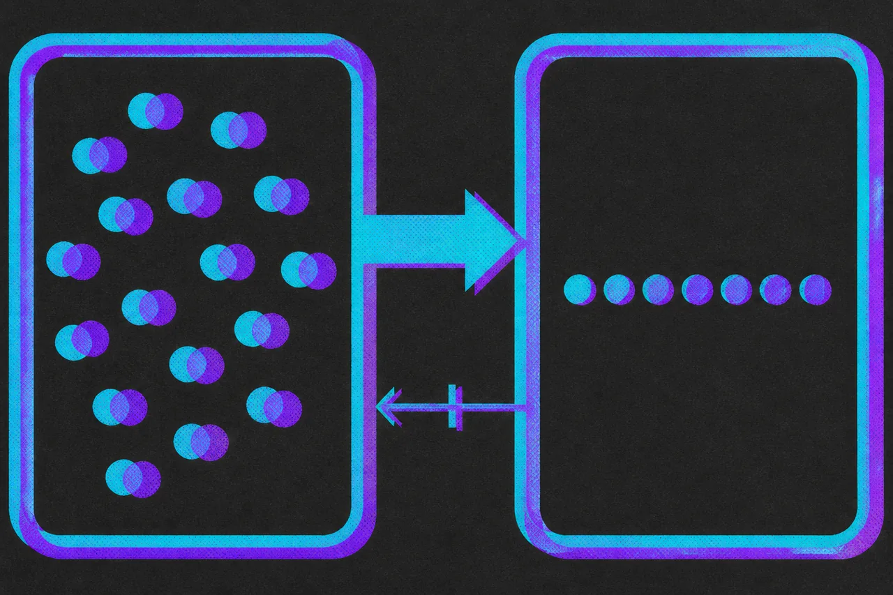 Two rounded outlines joined by one thick arrow one way, the return arrow struck through, and doubled offset dots inside merging into a row of single dots.