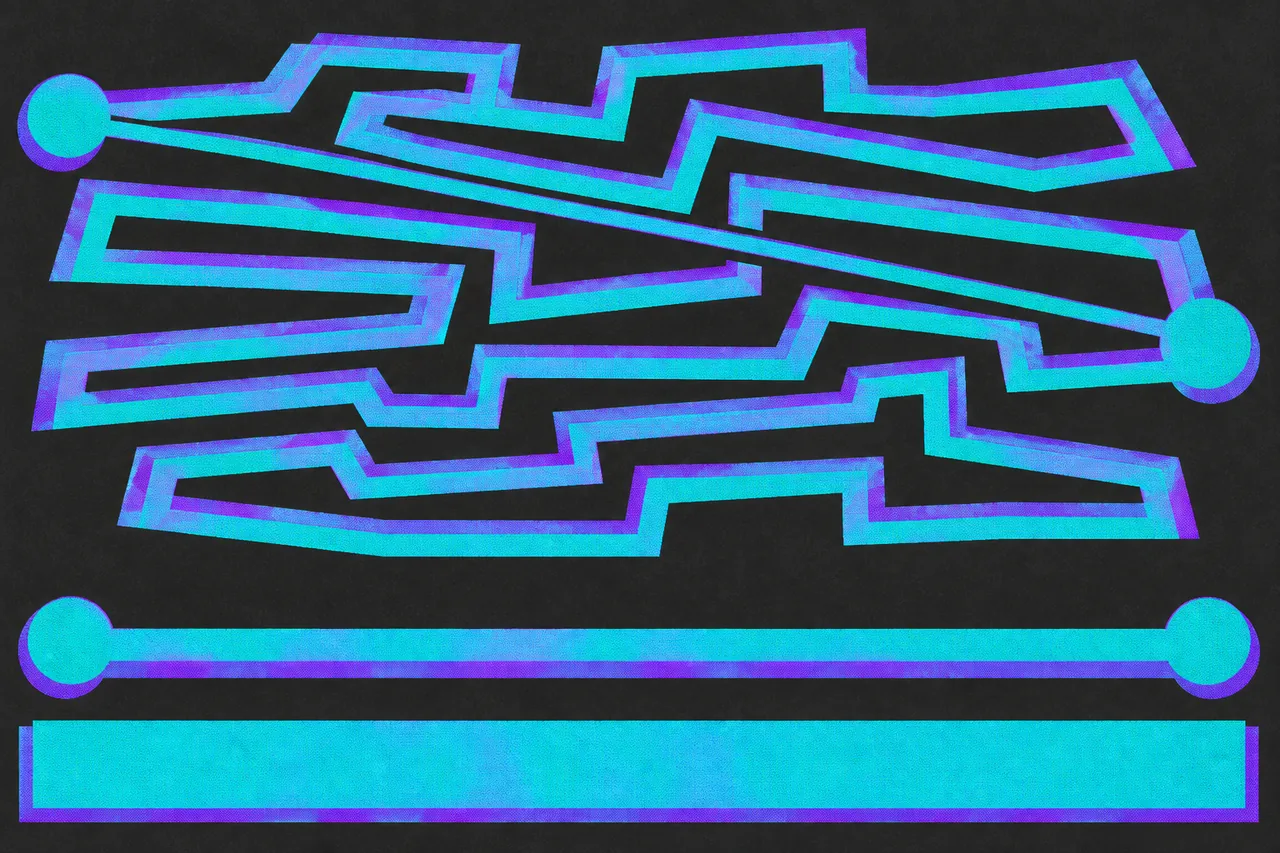 A zig-zag path between two endpoints with a straight chord drawn across them, and the same path unrolled below as one long bar beside the short chord.