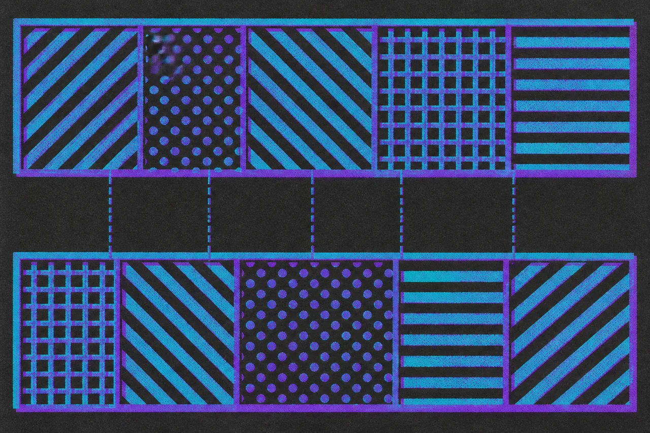 Two stacked horizontal bars of equal width split into differently hatched segments whose dividing lines do not line up, with faint guides between them.