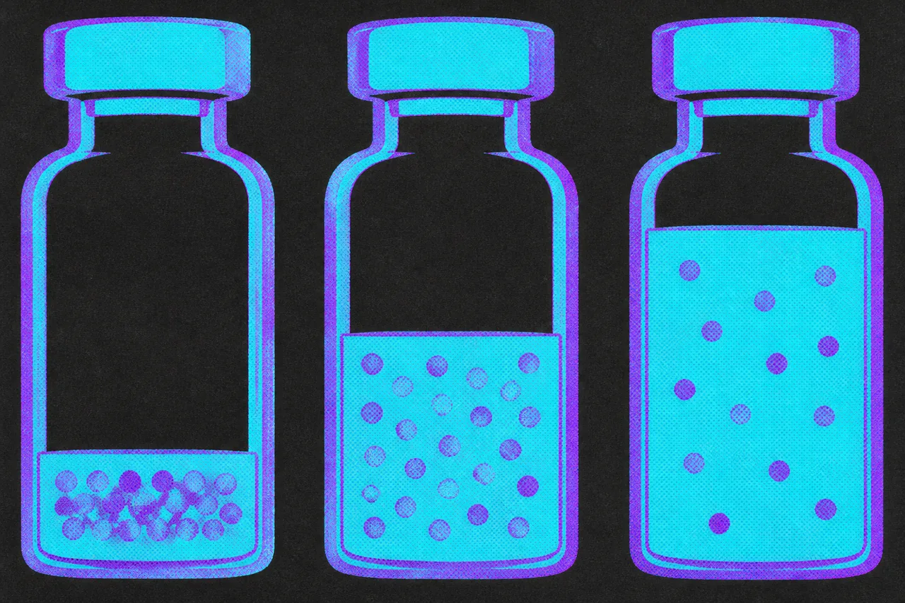 Three identical outlined vials filled to different levels, each holding the same number of small dots, packed tightly in one and spread thinly in another.