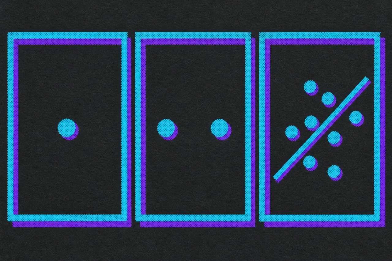 Three small framed panels: one holds a single dot, the next two dots, the third a spread of dots with a straight fitted line ruled through only that one.
