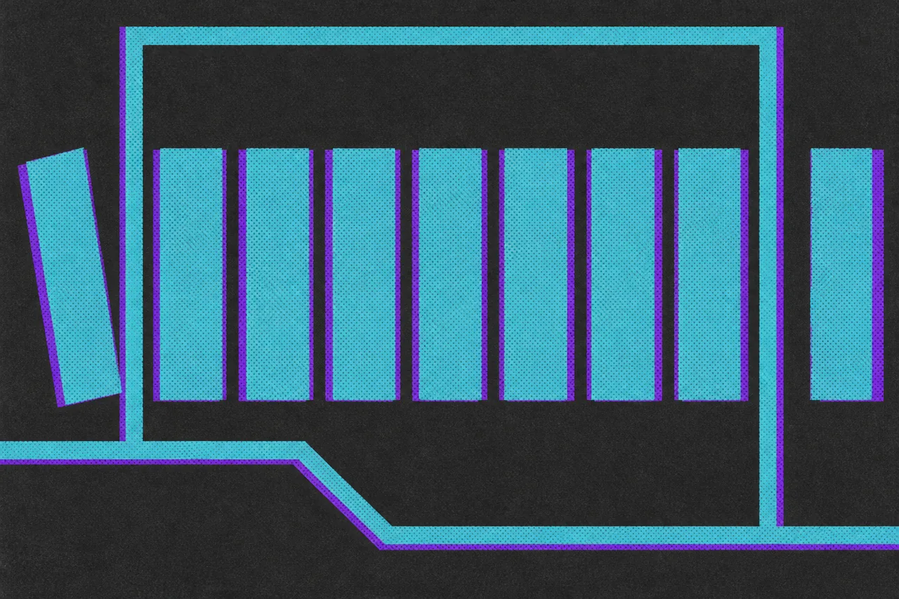 A hard-edged rectangular frame over equal-height bars, one bar tumbling away at the left as another enters at the right, with a line kicking below.