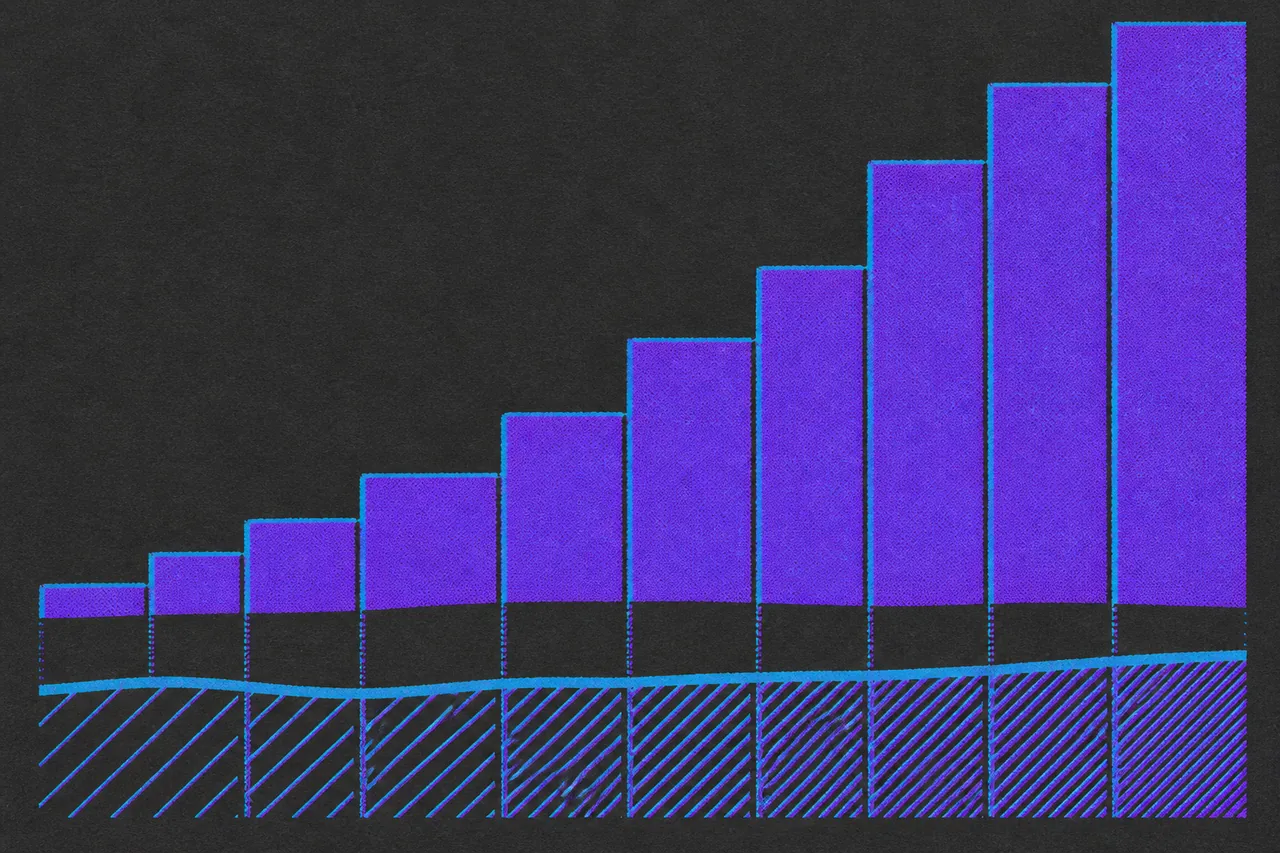A staircase of unequal steps above a wandering line cut into segments of increasing hatch density, with faint vertical rules linking the two.