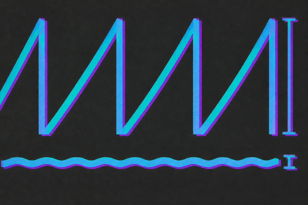 A deep sawtooth trace above a shallow rippling trace at the same level, each closed at the right by a bracket — one tall, one barely open.