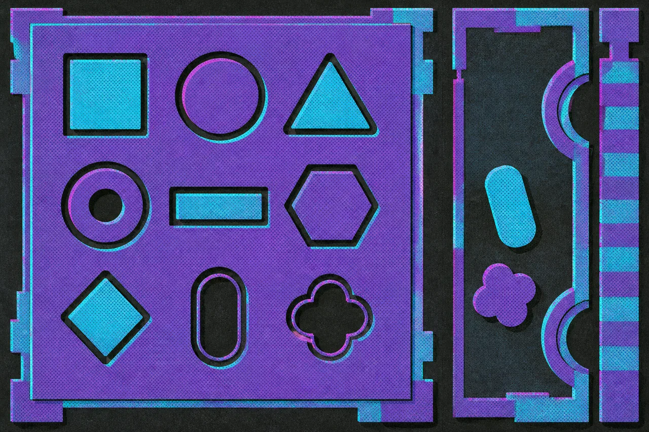 A column of nine slots cut to different geometric shapes with matching solid tokens seated in them; two slots sit empty, their tokens resting beside them.