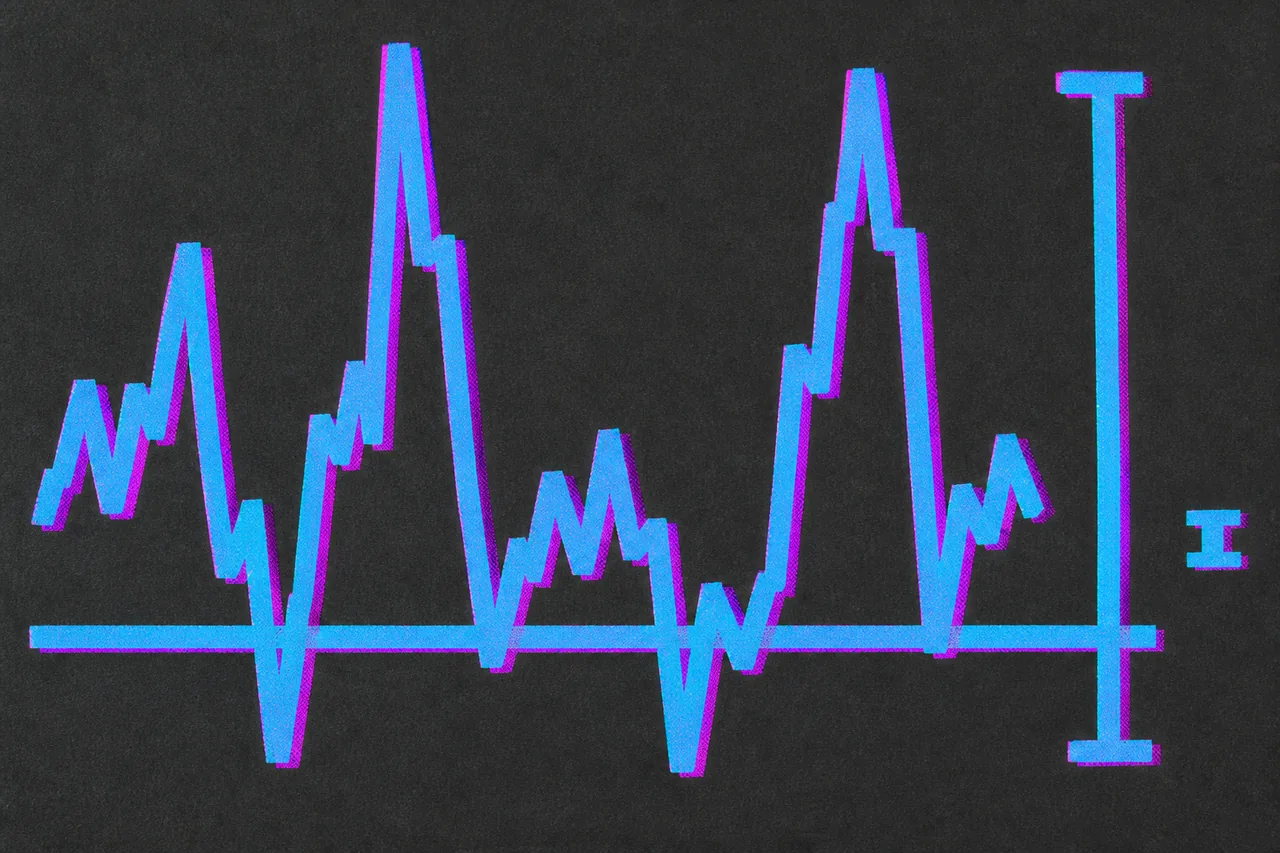 A jagged trace with tall vertical swings over an almost flat straight rule, and two brackets at the right — one tall, the other barely more than a tick.