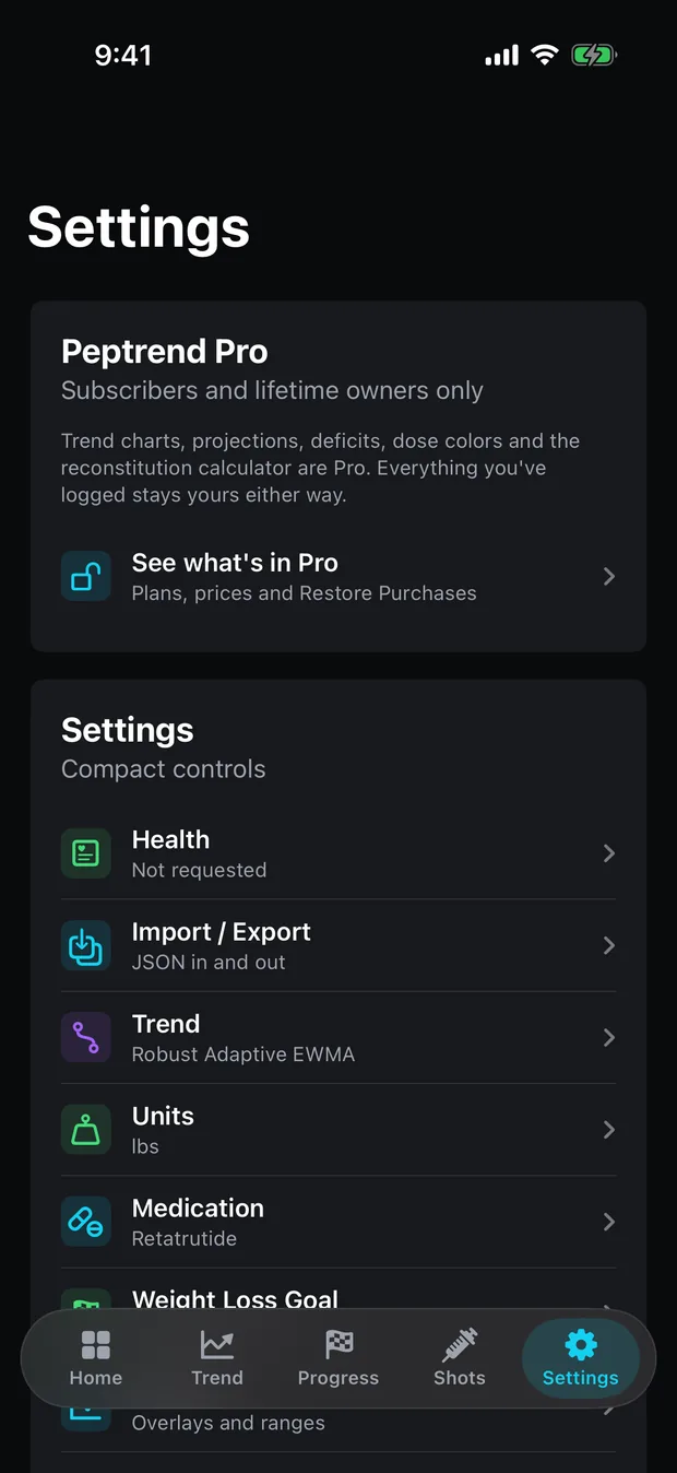 Peptrend's Settings tab on a black background: a Peptrend Pro card at the top, then a Settings list whose rows read Health / Not requested, Import / Export / JSON in and out, Trend / Robust Adaptive EWMA, Units / lbs, Medication / Retatrutide.